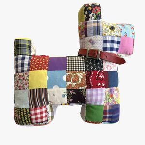 Vintage 1950s Handmade Patchwork Quilt Scottie Dog w Collar Pillow 14X14 Stuffie
